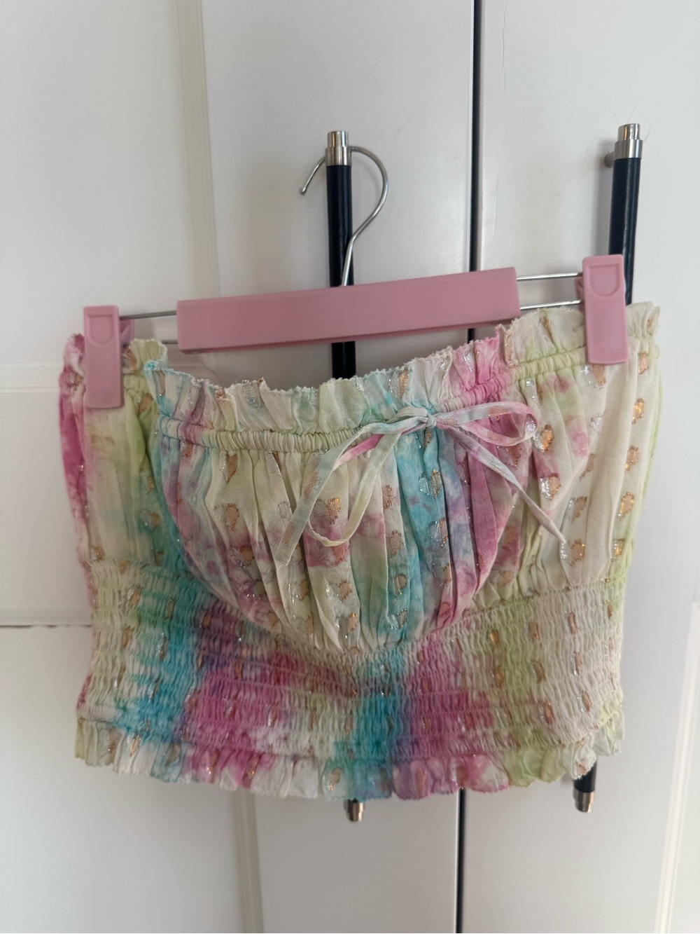 MAJORELLE Pastel Tie-Dye Smocked Tube Top with Gold Heart Dots